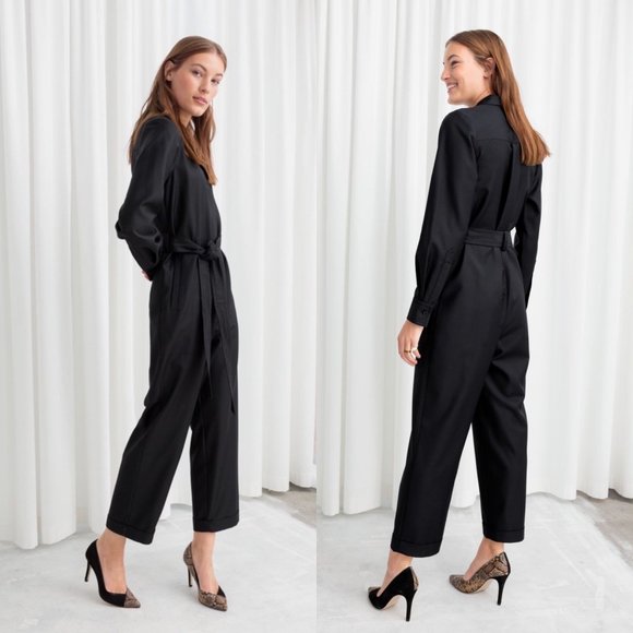 & Other Stories Pants - & Other Stories Black Wool Blend Boilersuit Tie Waist Straight Leg Jumpsuit 4